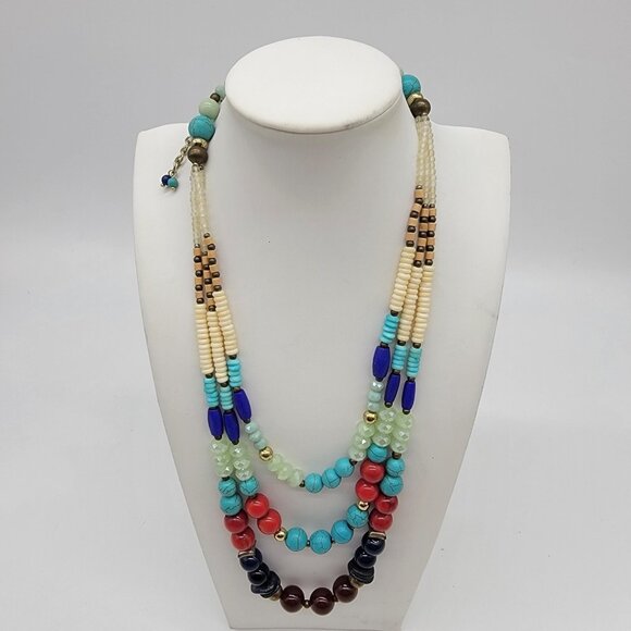 STUNNING MULTI‎ COLORED BEADED NECKLACE 3 Strand Colorful Boho Festival - Picture 1 of 6